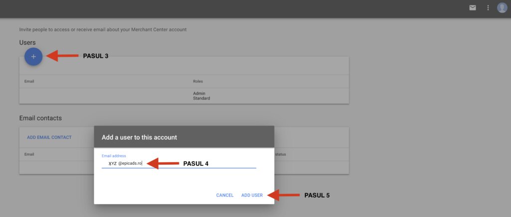 Fereastra „Add a user to this account” din Google Merchant Center, cu adresa de e-mail a agenției completată