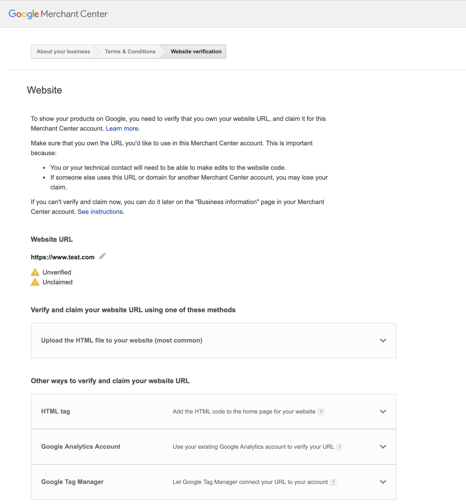 Pasul „Website verification” din Google Merchant Center, cu metodele de verificare a site-ului