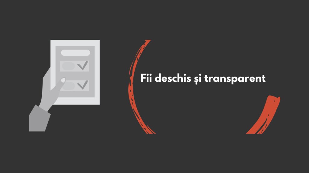 Mână care bifează o listă, lângă textul „Fii deschis și transparent”