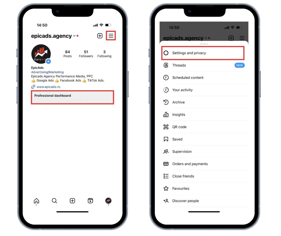 Profilul de Instagram al EpicAds și meniul lateral deschis, cu „Settings and privacy” încadrat