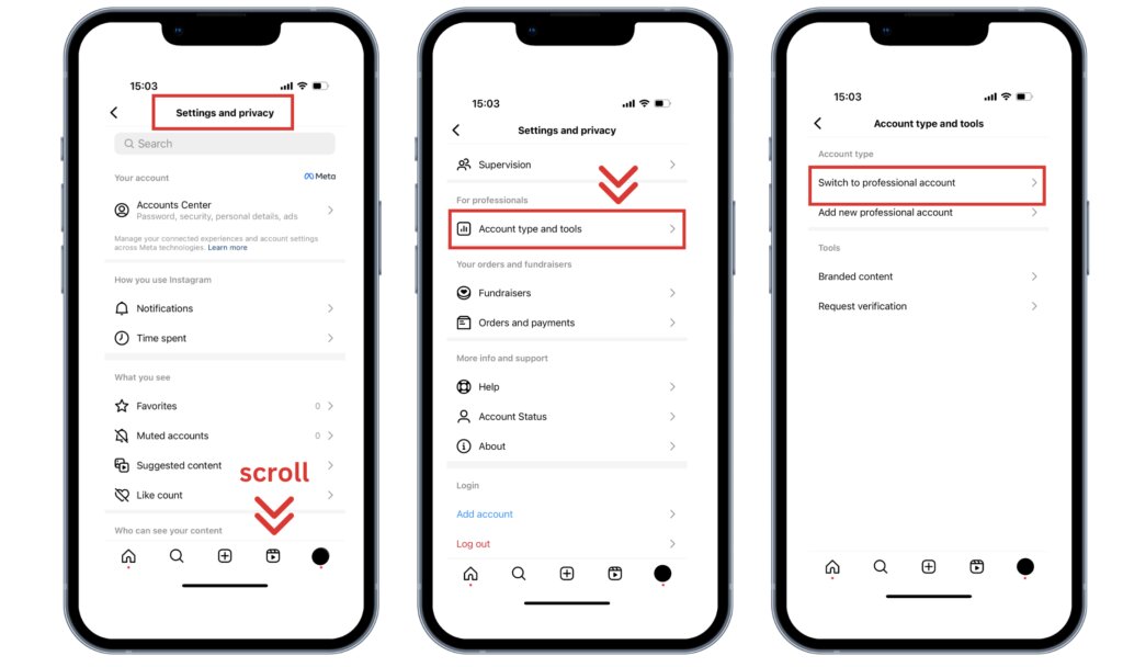 Trei ecrane de Instagram pentru migrarea unui cont personal: „Settings and privacy”, „Account type and tools” și „Switch to professional account”