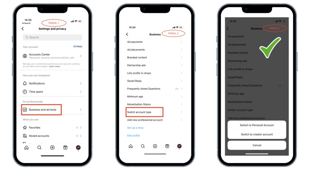 Trei ecrane de Instagram, unul după altul: „Settings and privacy”, „Business and ad tools” și confirmarea, cu bifă verde, că este deja cont de Business