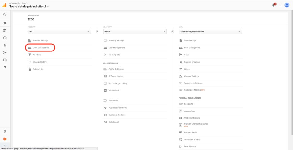 Ecranul Admin din vechiul Google Analytics, cu „User Management” încercuit în coloana contului