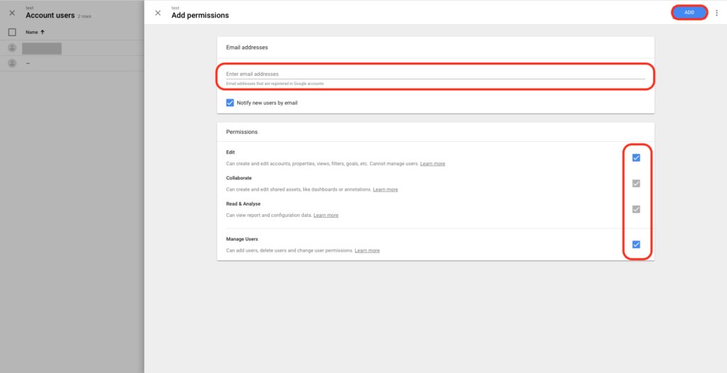 Fereastra „Add permissions” din vechiul Google Analytics, cu adresa de e-mail, bifele Edit și Manage Users și butonul Add încercuite