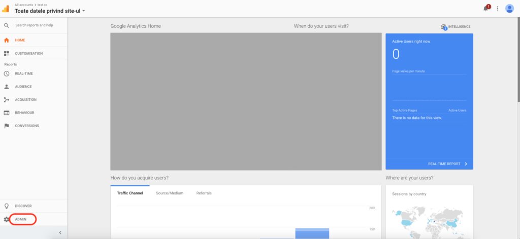Pagina principală din vechiul Google Analytics, cu butonul „Admin” încercuit în stânga jos