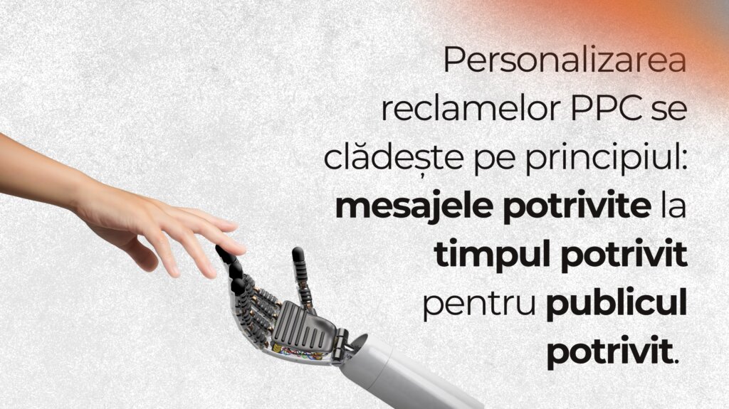 O mână de om și o mână de robot care se întind una spre alta, lângă textul „Personalizarea reclamelor PPC se clădește pe principiul: mesajele potrivite la timpul potrivit pentru publicul potrivit”