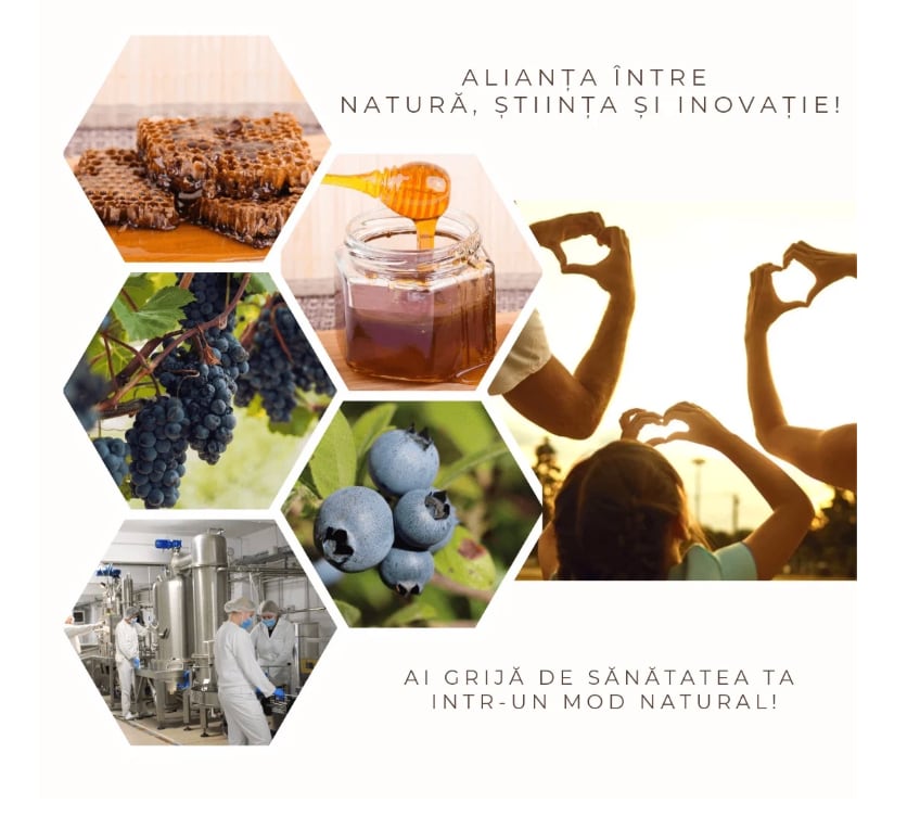 Colaj în hexagoane cu faguri, un borcan de miere, struguri, afine și un laborator de producție, lângă textele „ALIANȚA ÎNTRE NATURĂ, ȘTIINȚA ȘI INOVAȚIE!” și „AI GRIJĂ DE SĂNĂTATEA TA ÎNTR-UN MOD NATURAL!”