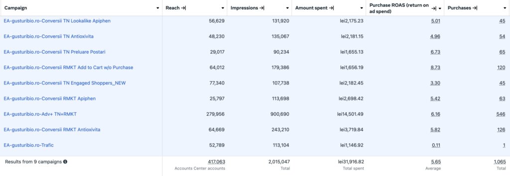 Tabelul campaniilor Meta Ads: nouă campanii, 31.916,82 lei cheltuiți, 1.065 de achiziții și un ROAS mediu de 5,65