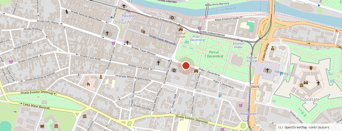 Hartă a centrului Oradiei, cu biroul EpicAds marcat în Palatul Ullmann, pe Piața 1 Decembrie, lângă Parcul 1 Decembrie și Cetatea Oradea.